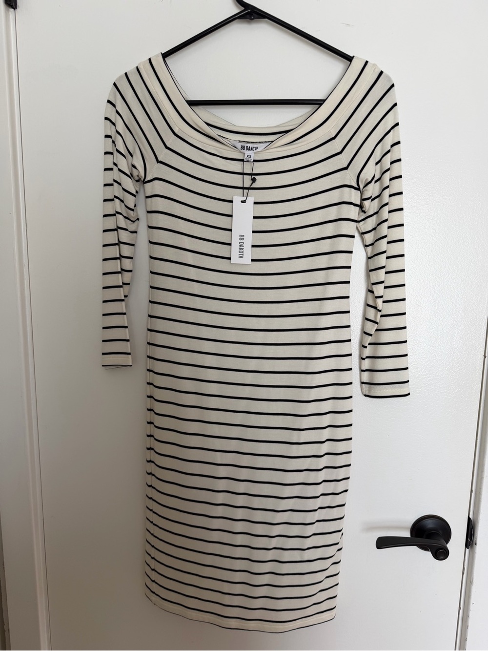 BB Dakota Cream and Black Striped Long Sleeve Scoop Dress